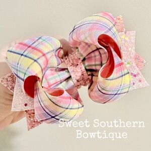 Pink Purple Yellow Plaid Boutique Hair Bow With Glitter Tails